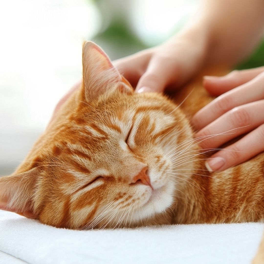 Sleeping ginger cat gets head rubs